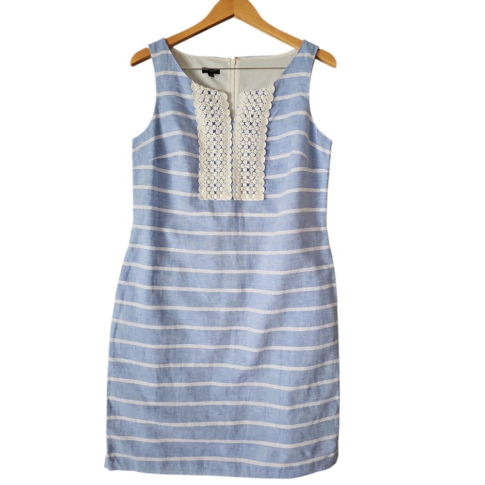 TALBOTS Linen Blend Sleeveless Blue White Embroidered Round V Neckline Size 8
